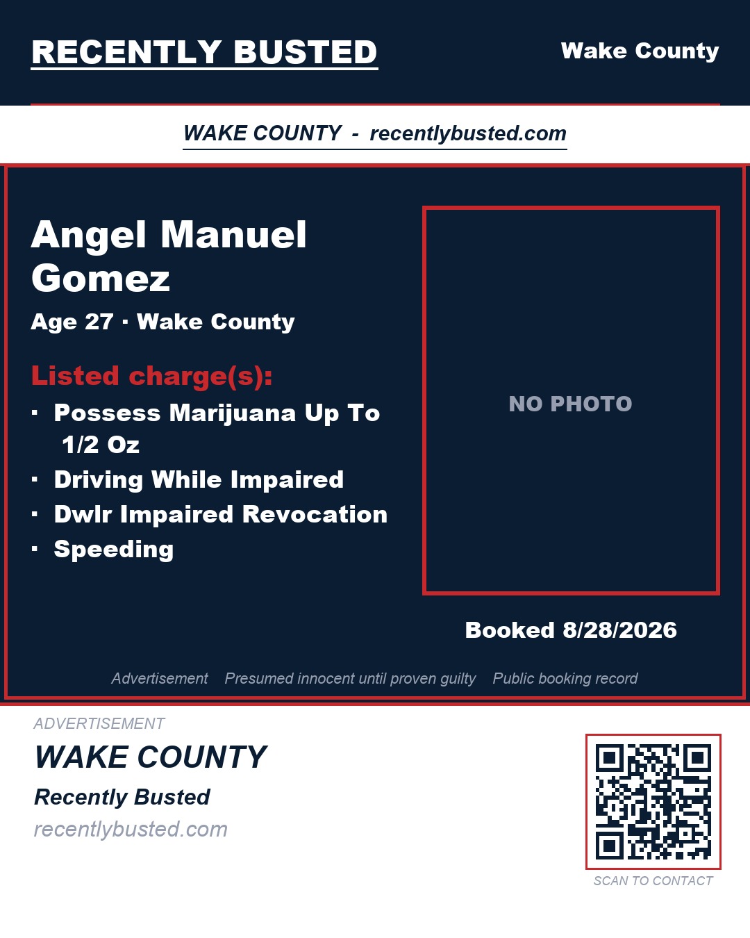 ANGEL MANUEL GOMEZ — arrest record card, Wake County, North Carolina
