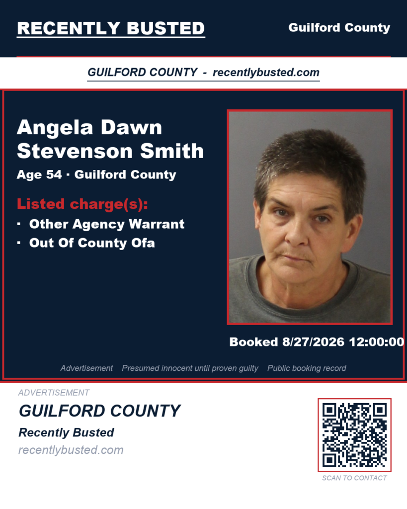 ANGELA DAWN STEVENSON SMITH — arrest record card, Recently Busted