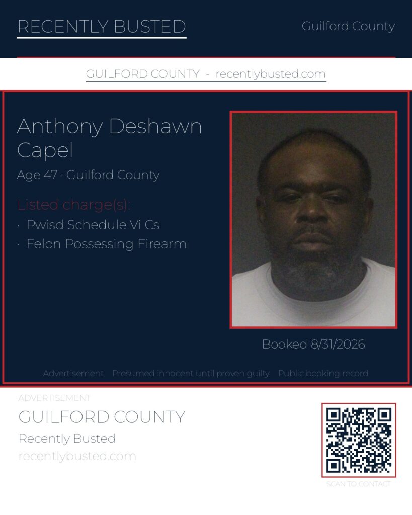 ANTHONY DESHAWN CAPEL — arrest record card, Guilford County, North Carolina