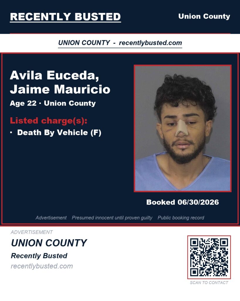 AVILA EUCEDA, JAIME MAURICIO — arrest record card, Union County, North Carolina