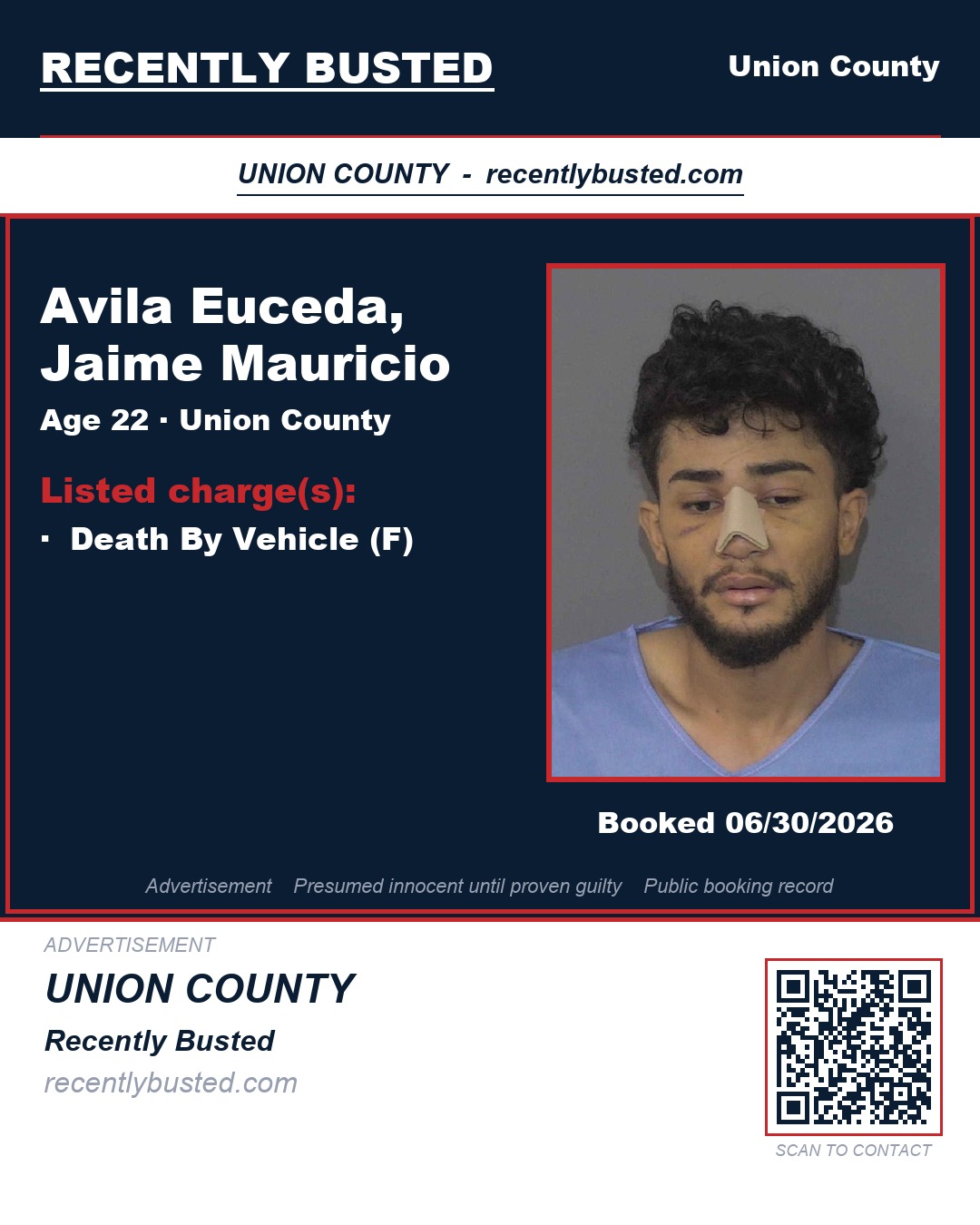 AVILA EUCEDA, JAIME MAURICIO — arrest record card, Union County, North Carolina