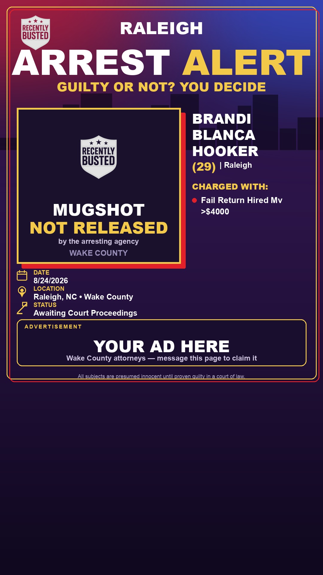 Arrest report - BRANDI BLANCA HOOKER