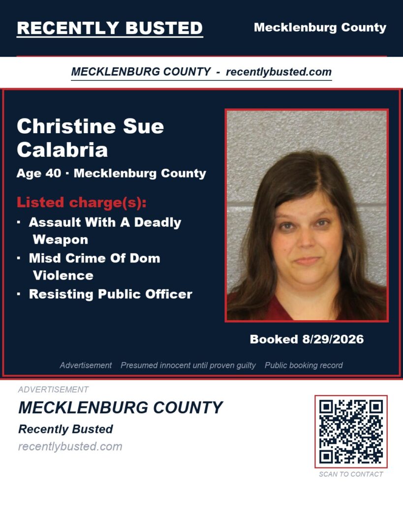 CHRISTINE SUE CALABRIA — arrest record card, Mecklenburg County, North Carolina