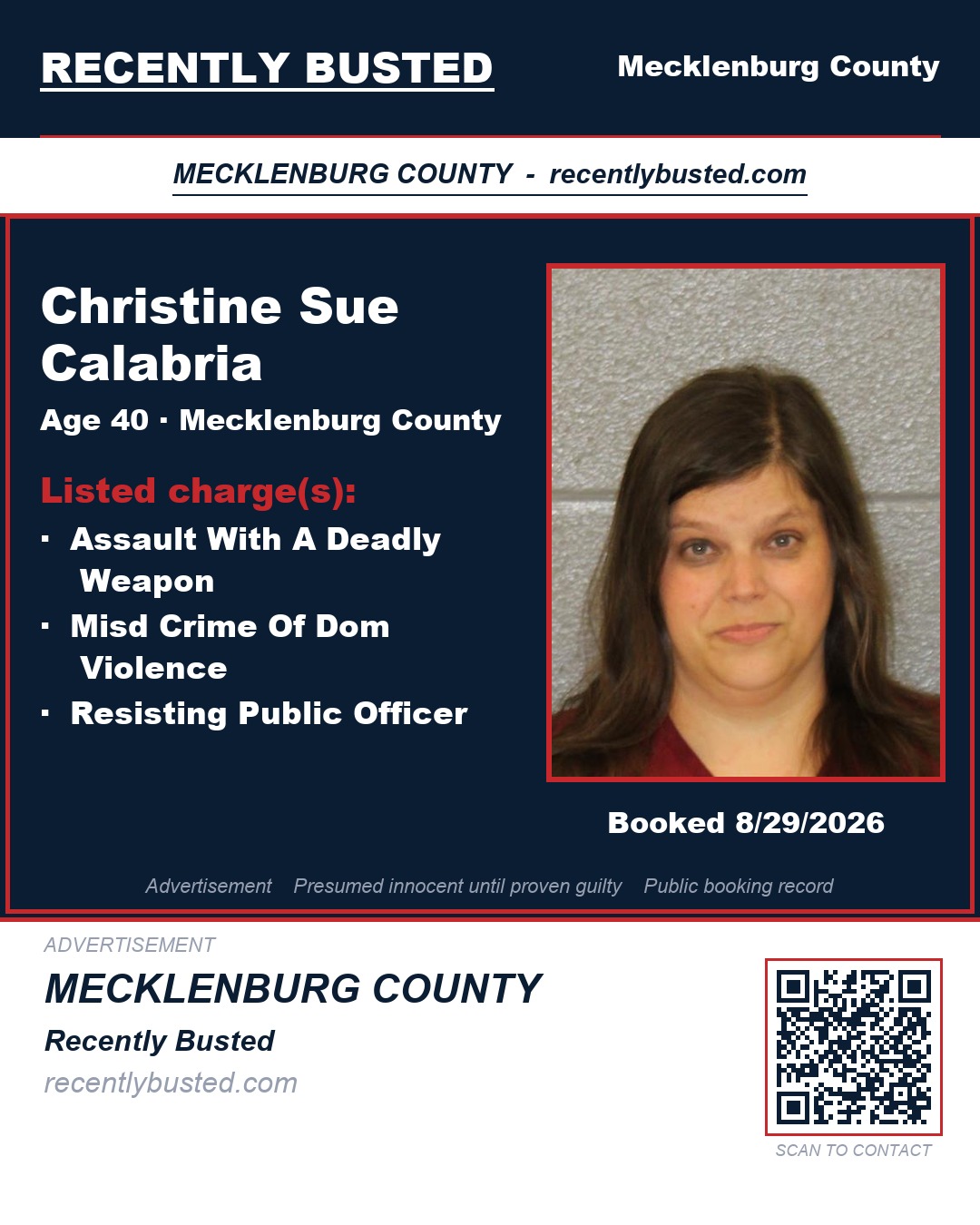 CHRISTINE SUE CALABRIA — arrest record card, Mecklenburg County, North Carolina