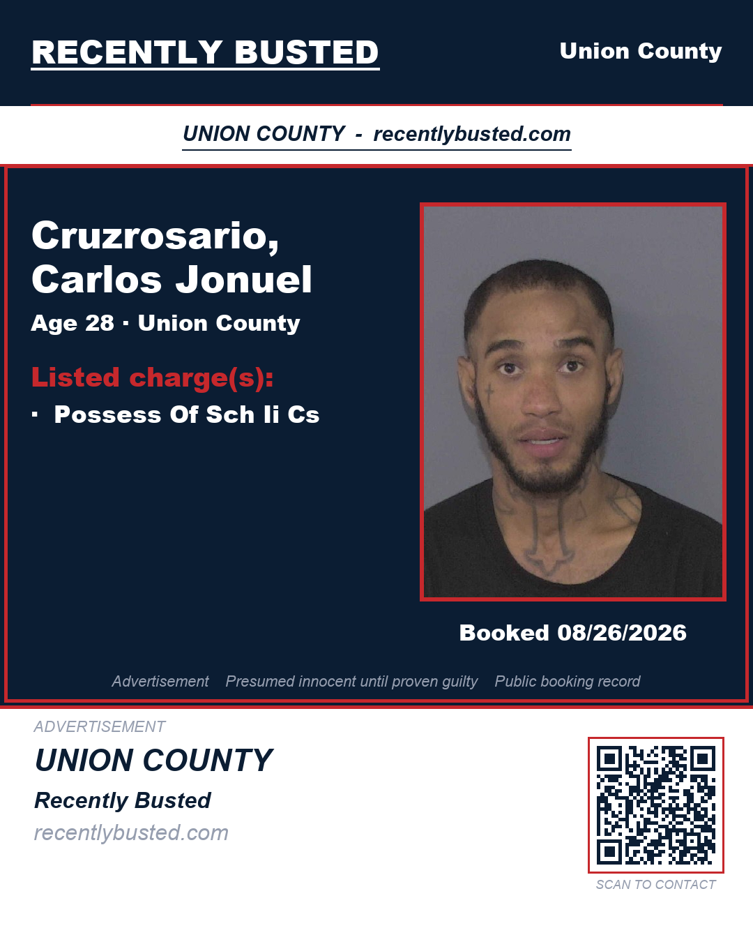 CRUZROSARIO, CARLOS JONUEL — arrest record card, Union County, North Carolina