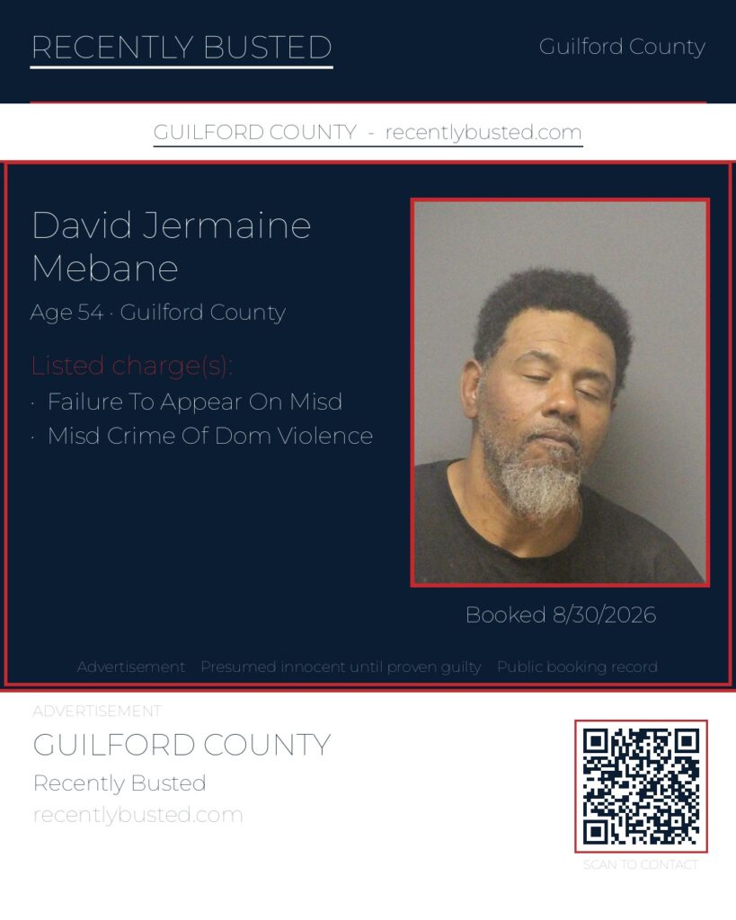 DAVID JERMAINE MEBANE — arrest record card, Guilford County, North Carolina