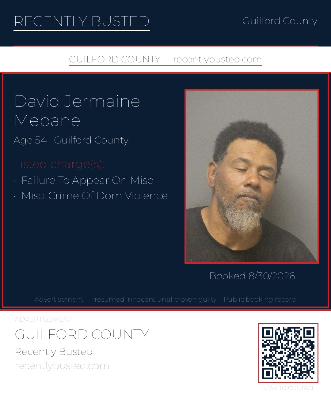 DAVID JERMAINE MEBANE — arrest record card, Guilford County, North Carolina