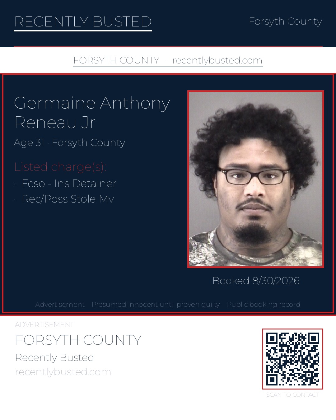 GERMAINE ANTHONY RENEAU JR — arrest record card, Forsyth County, North Carolina