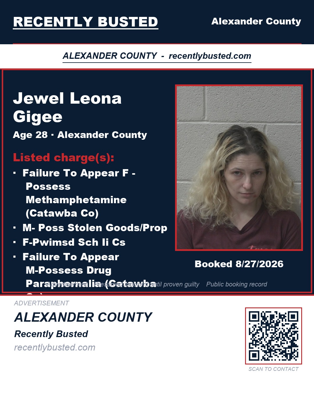 JEWEL LEONA GIGEE — arrest record card, Alexander County, North Carolina