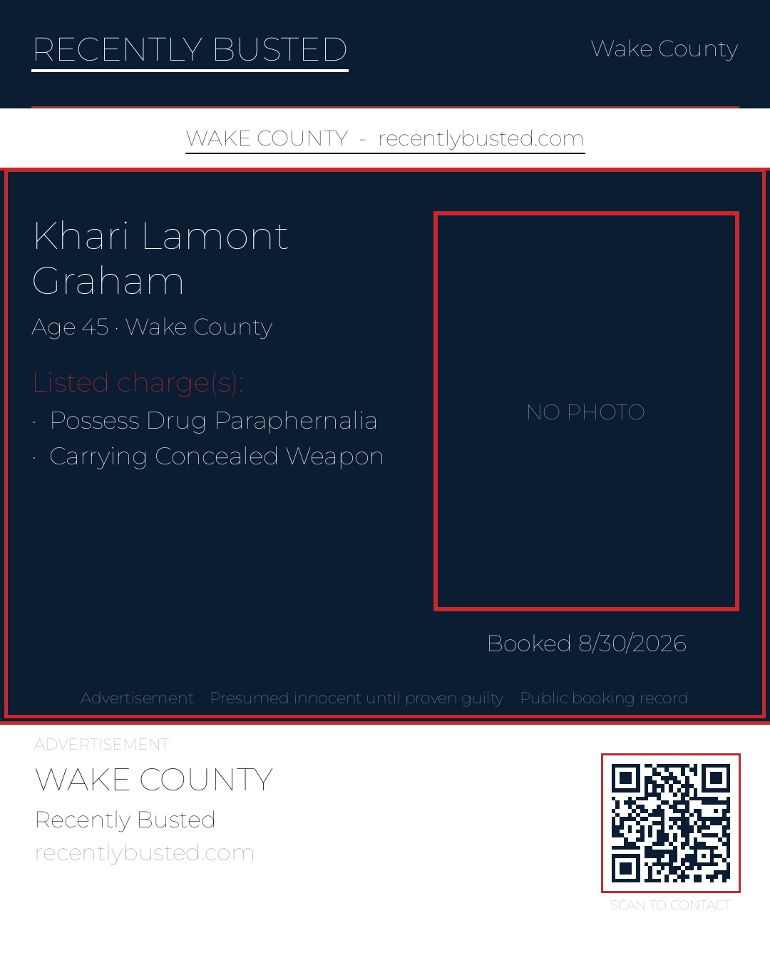 KHARI LAMONT GRAHAM — arrest record card, Wake County, North Carolina