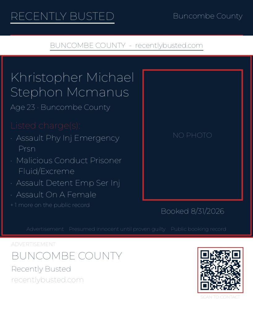 KHRISTOPHER MICHAEL STEPHON MCMANUS — arrest record card, Buncombe County, North Carolina