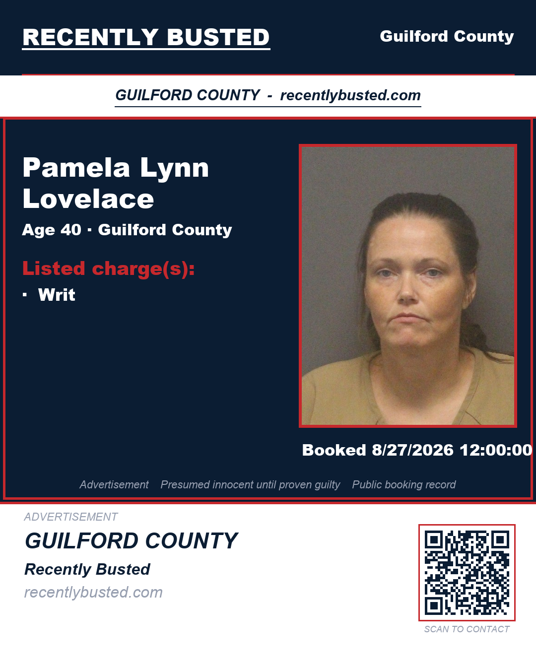 PAMELA LYNN LOVELACE — arrest record card, Guilford County, North Carolina