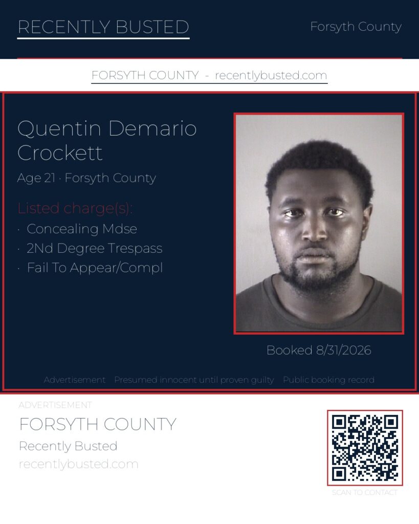 QUENTIN DEMARIO CROCKETT — arrest record card, Forsyth County, North Carolina