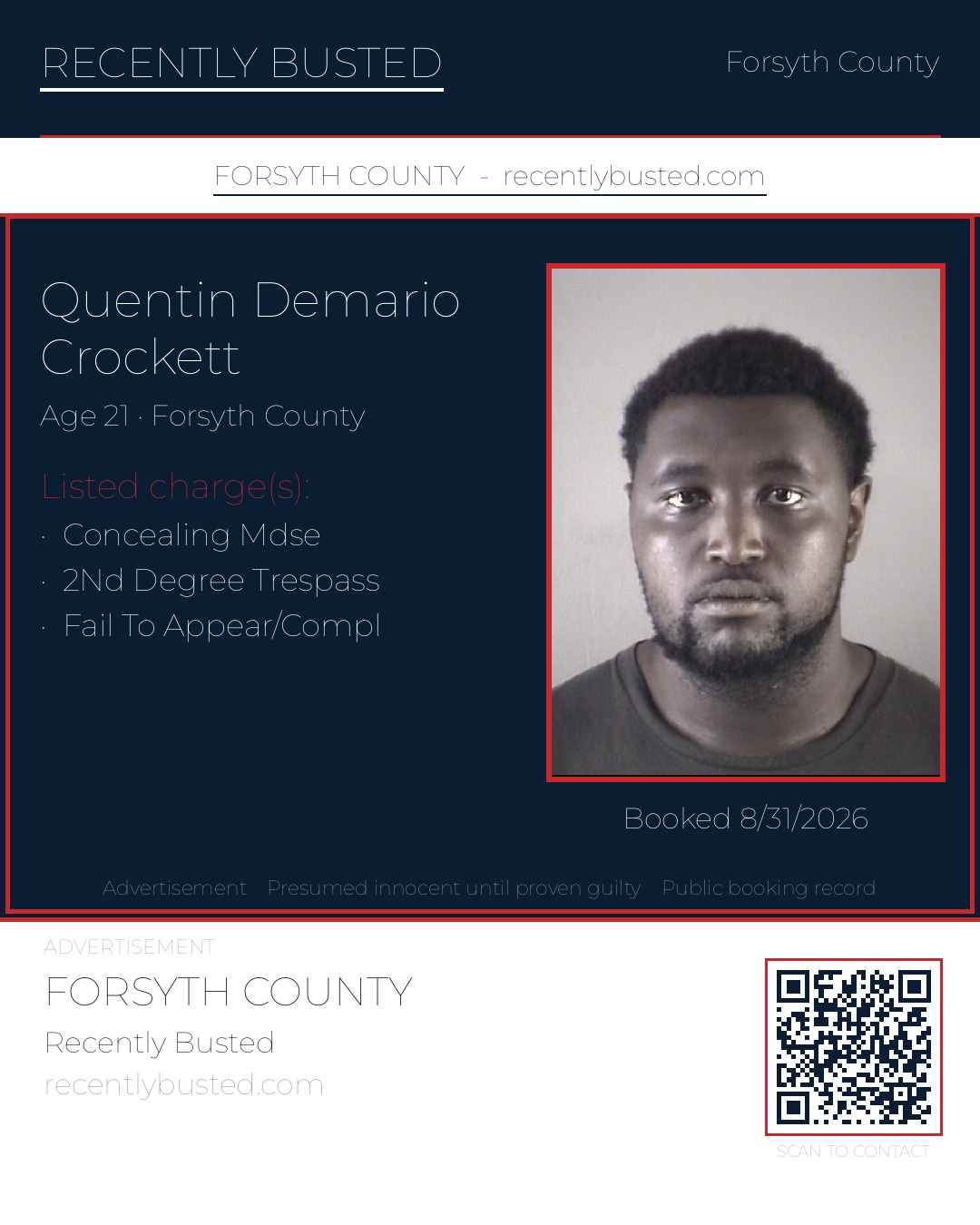 QUENTIN DEMARIO CROCKETT — arrest record card, Forsyth County, North Carolina