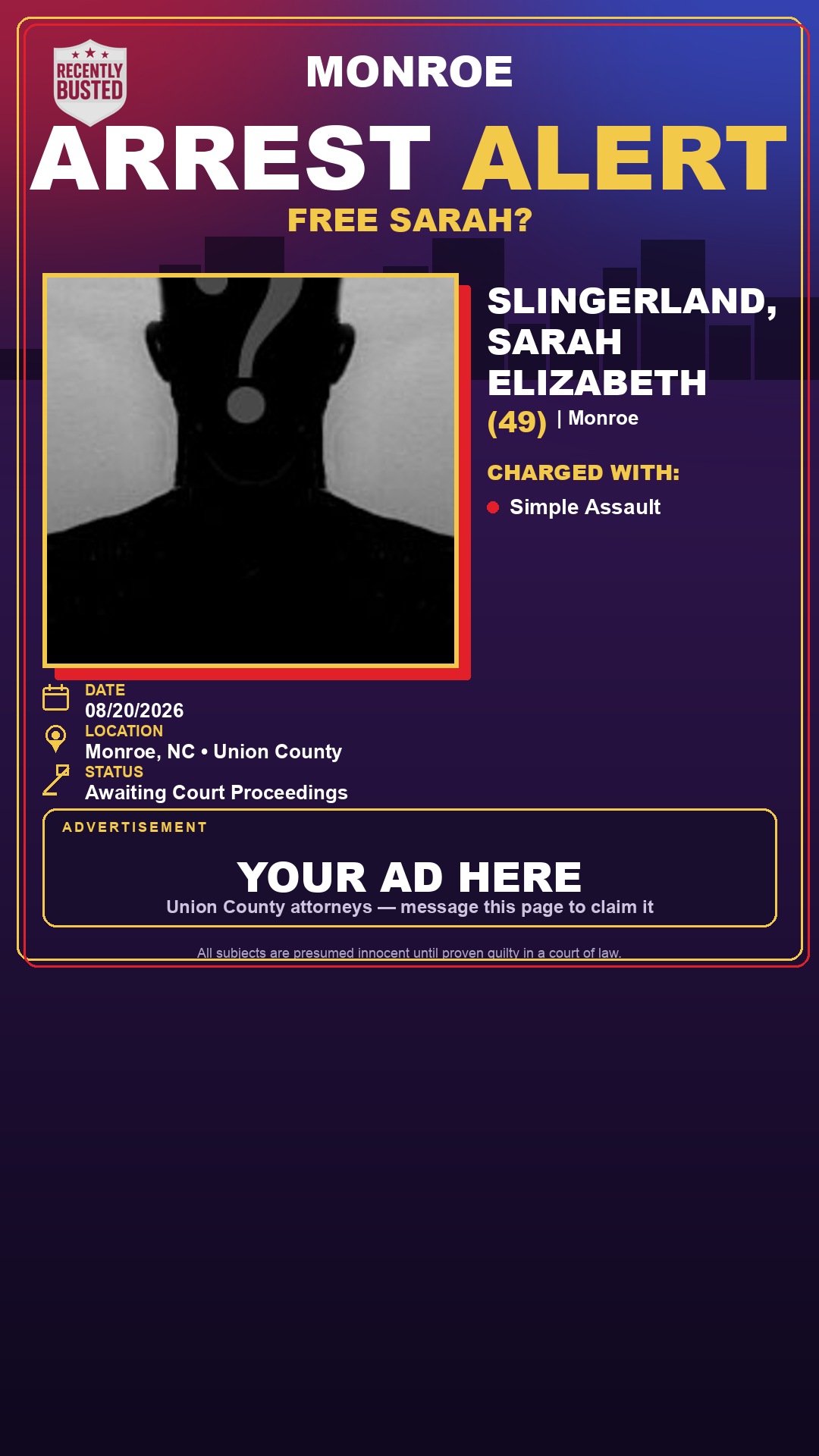 Arrest report - SLINGERLAND, SARAH ELIZABETH