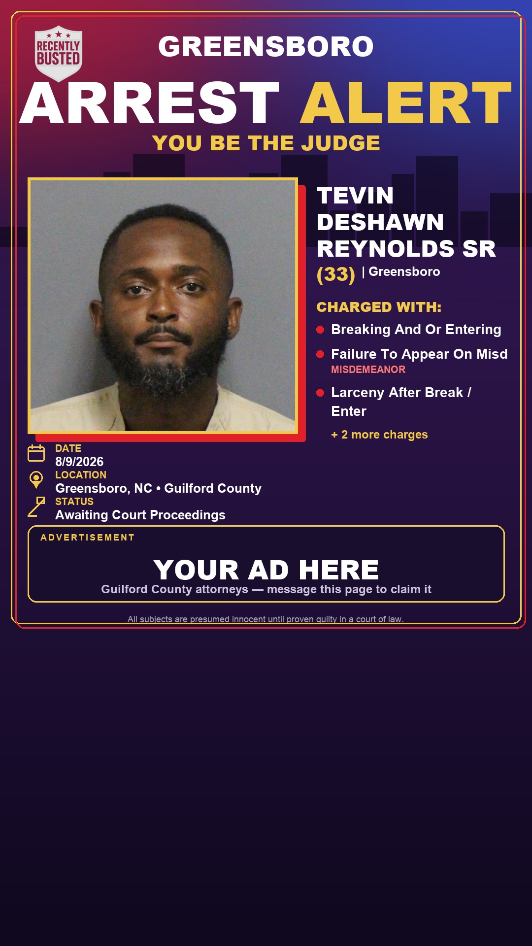 Arrest report - TEVIN DESHAWN REYNOLDS SR