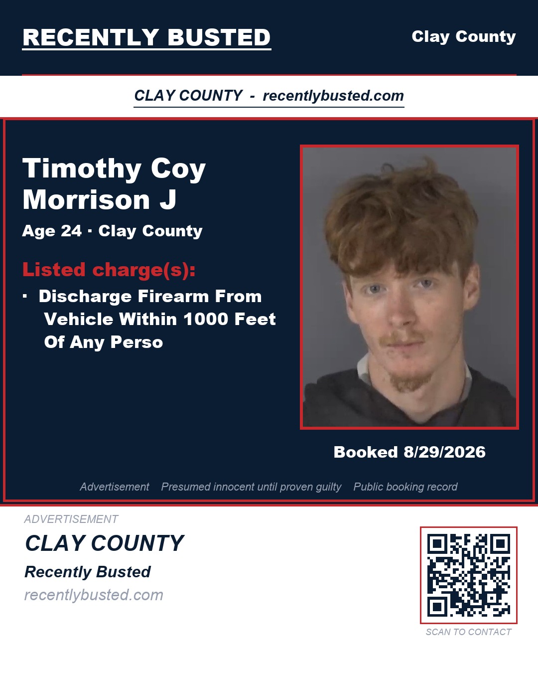 TIMOTHY COY MORRISON J — arrest record card, Clay County, Florida
