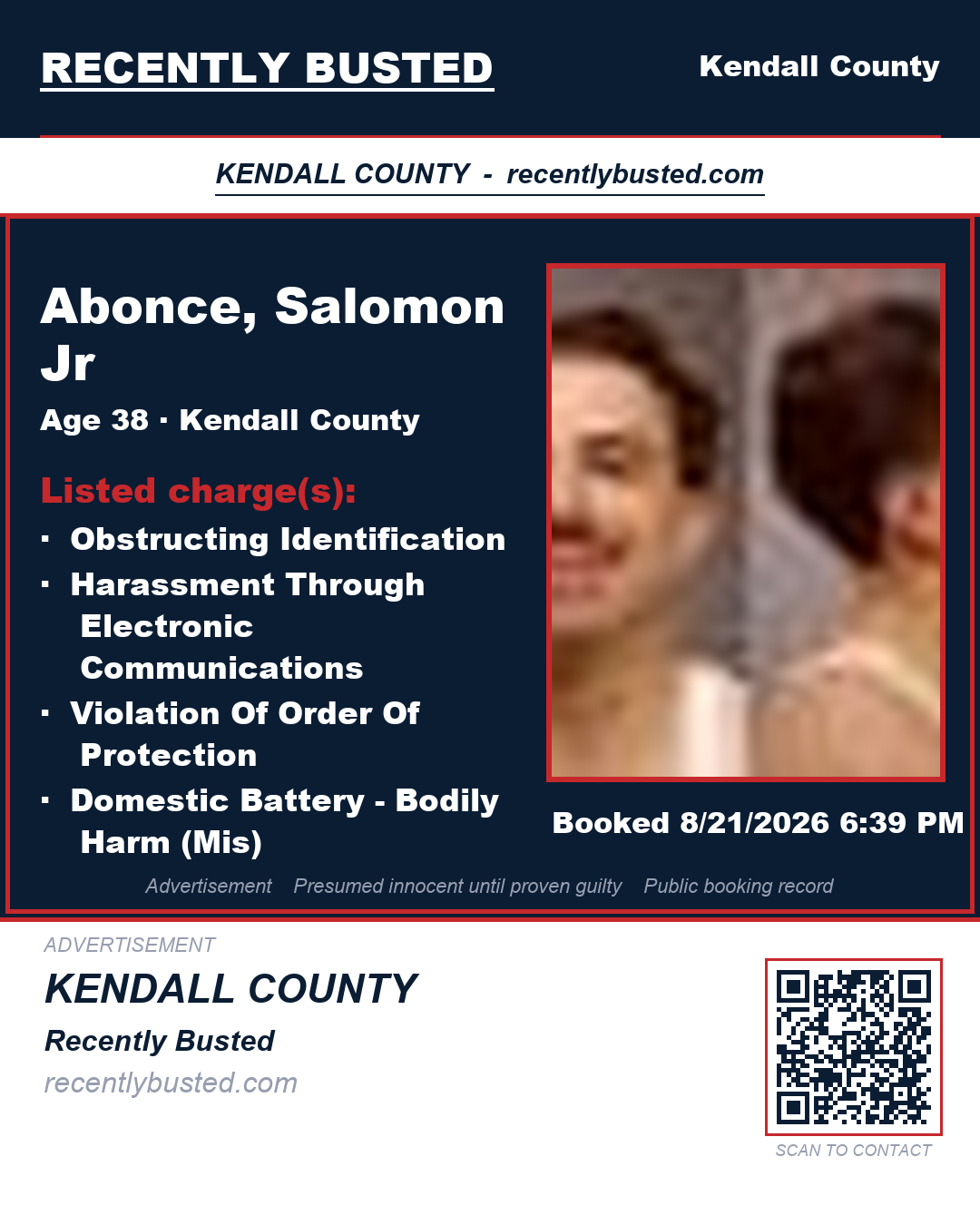 ABONCE, SALOMON  JR — arrest record card, Kendall County, Texas
