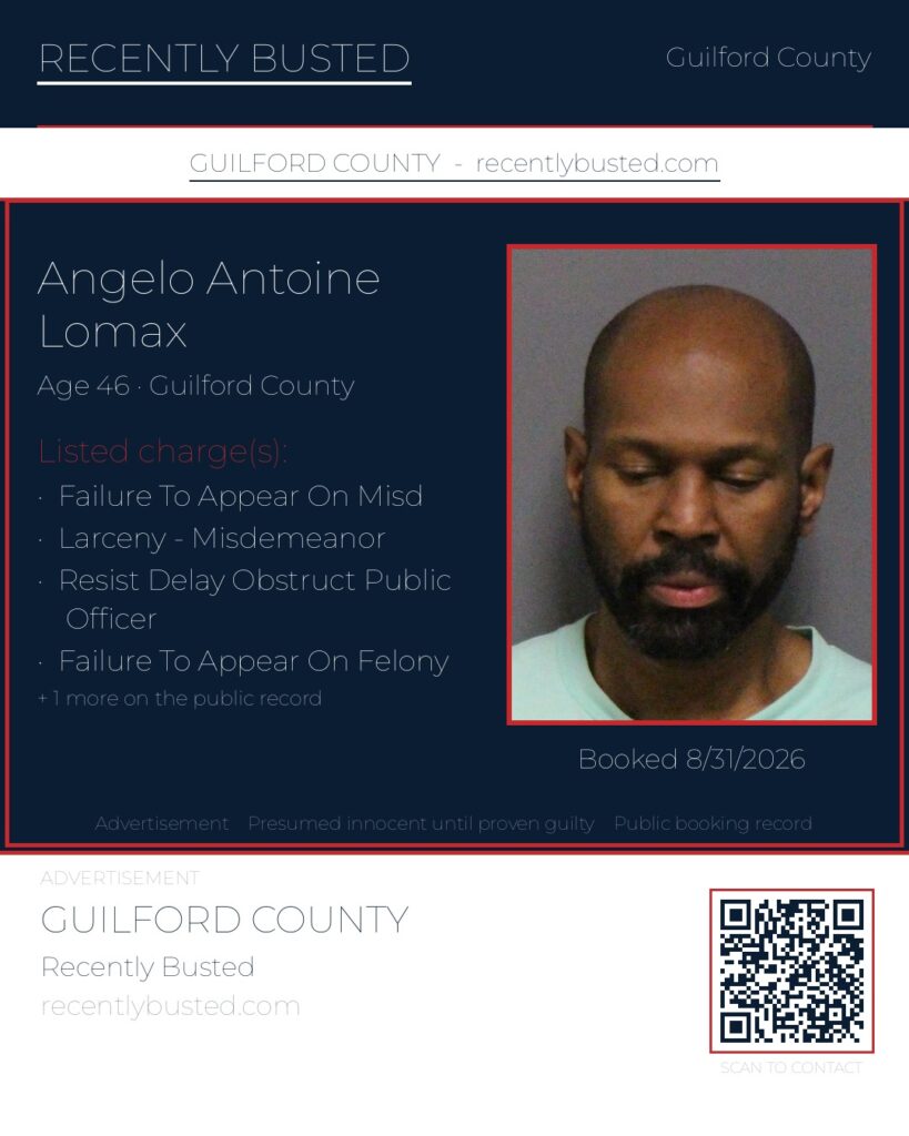 ANGELO ANTOINE LOMAX — arrest record card, Guilford County, North Carolina