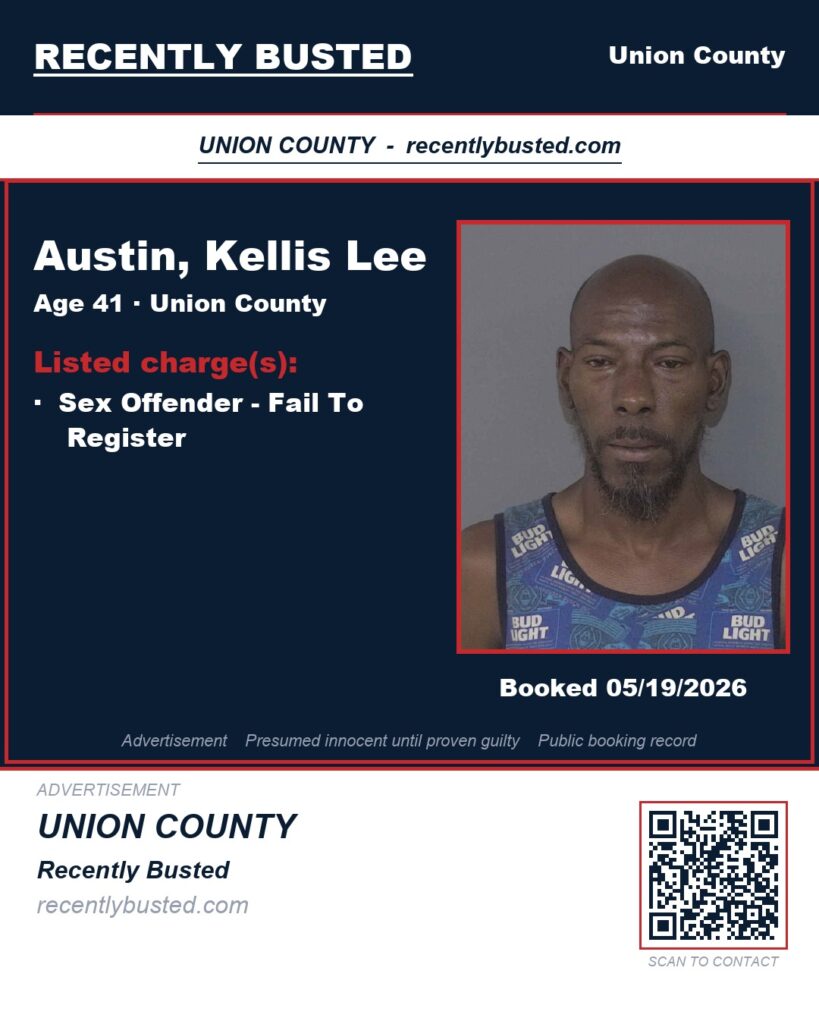 AUSTIN, KELLIS LEE — arrest record card, Union County, North Carolina