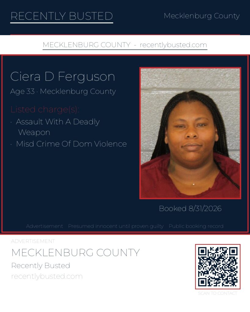 CIERA D FERGUSON — arrest record card, Mecklenburg County, North Carolina