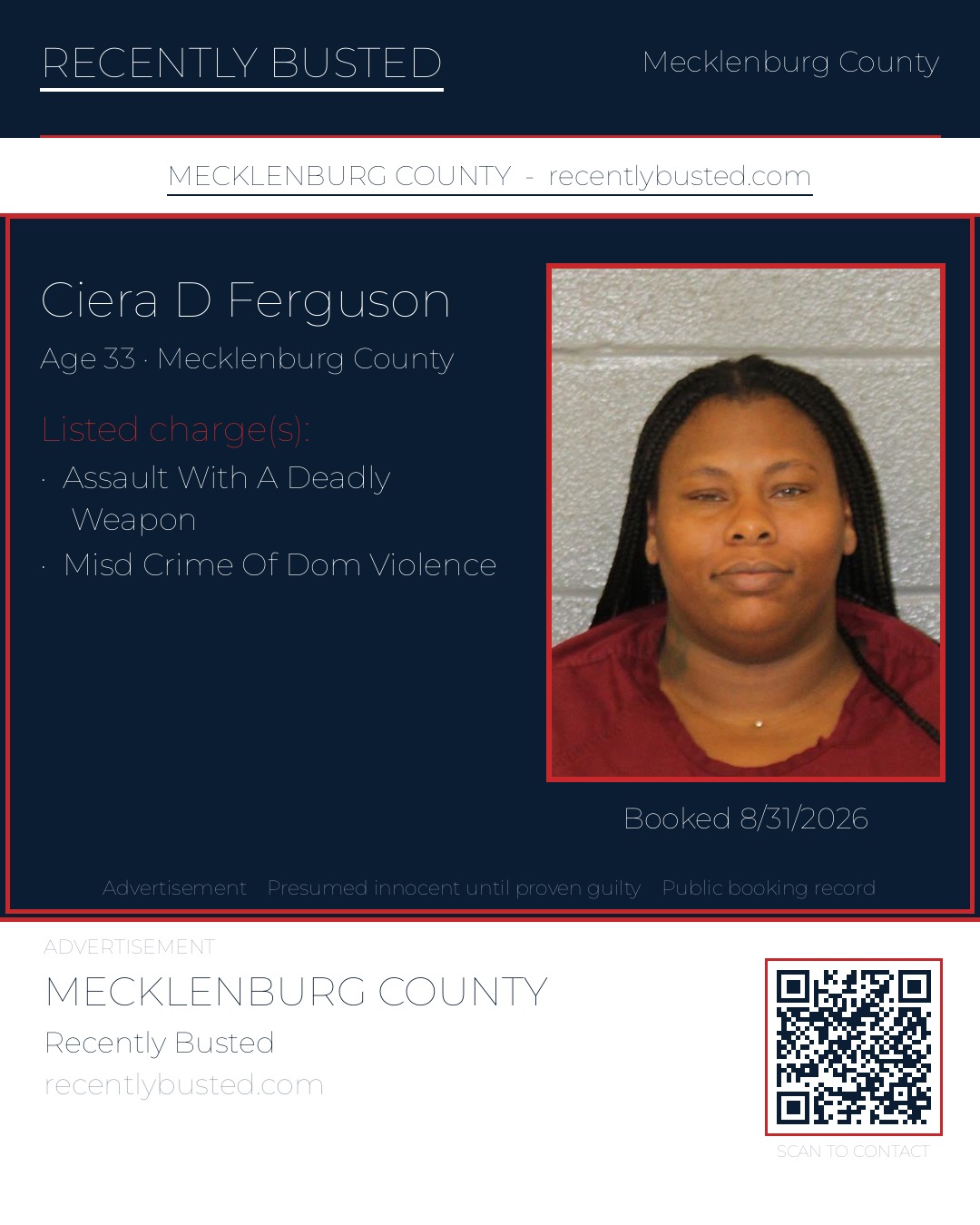 CIERA D FERGUSON — arrest record card, Mecklenburg County, North Carolina