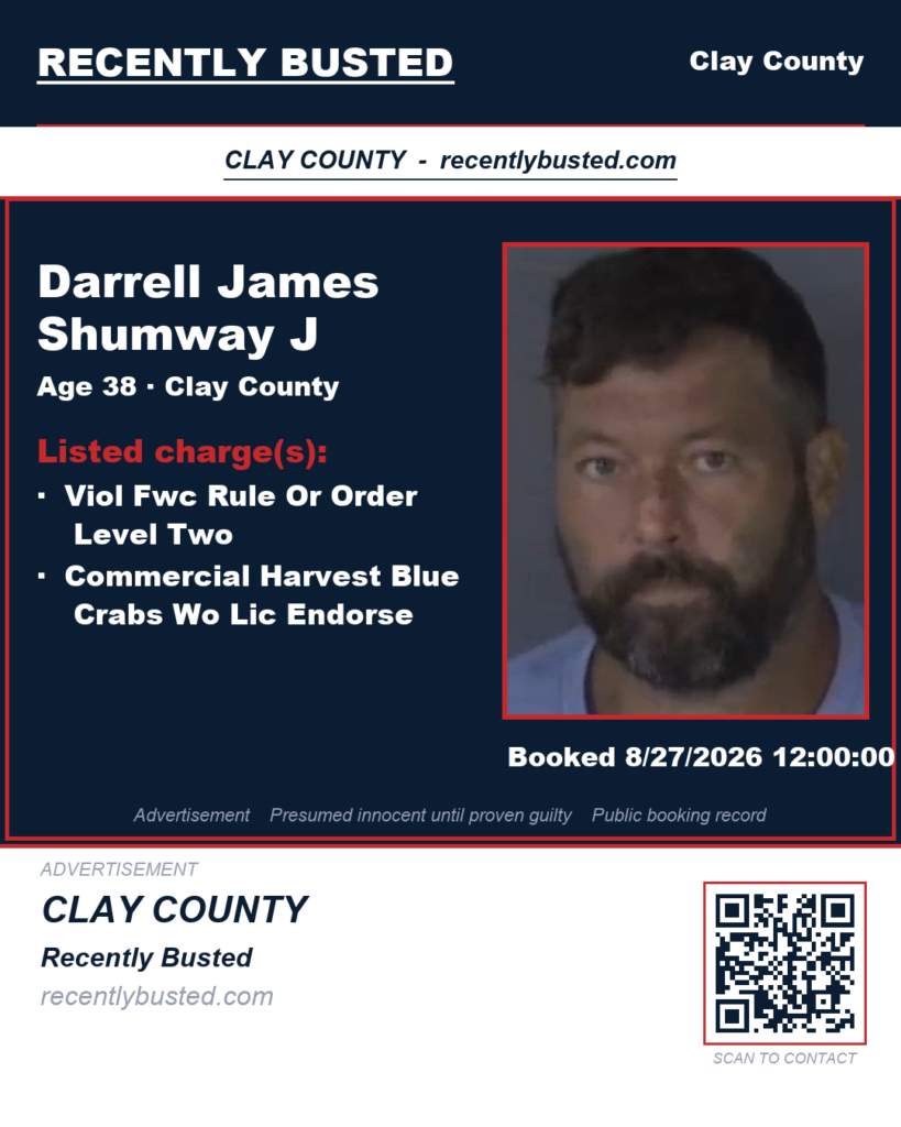 DARRELL JAMES SHUMWAY J — arrest record card, Clay County, Florida