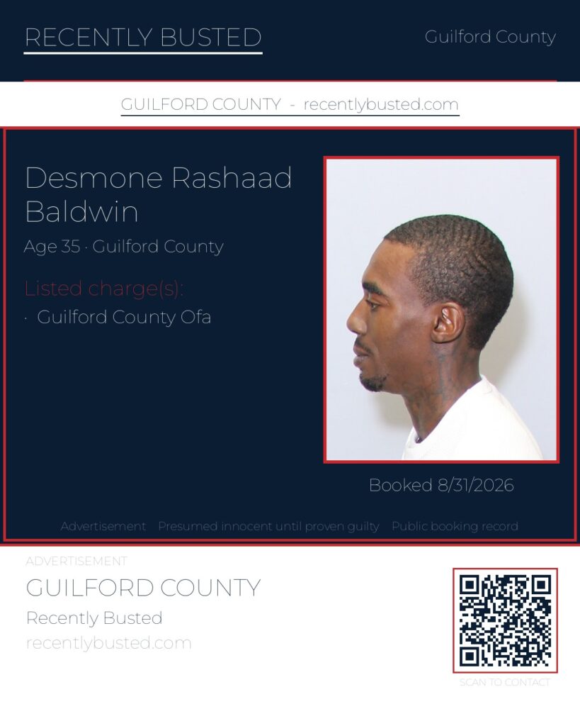 DESMONE RASHAAD BALDWIN — arrest record card, Guilford County, North Carolina