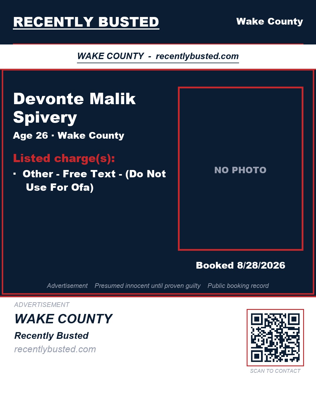 DEVONTE MALIK SPIVERY — arrest record card, Wake County, North Carolina