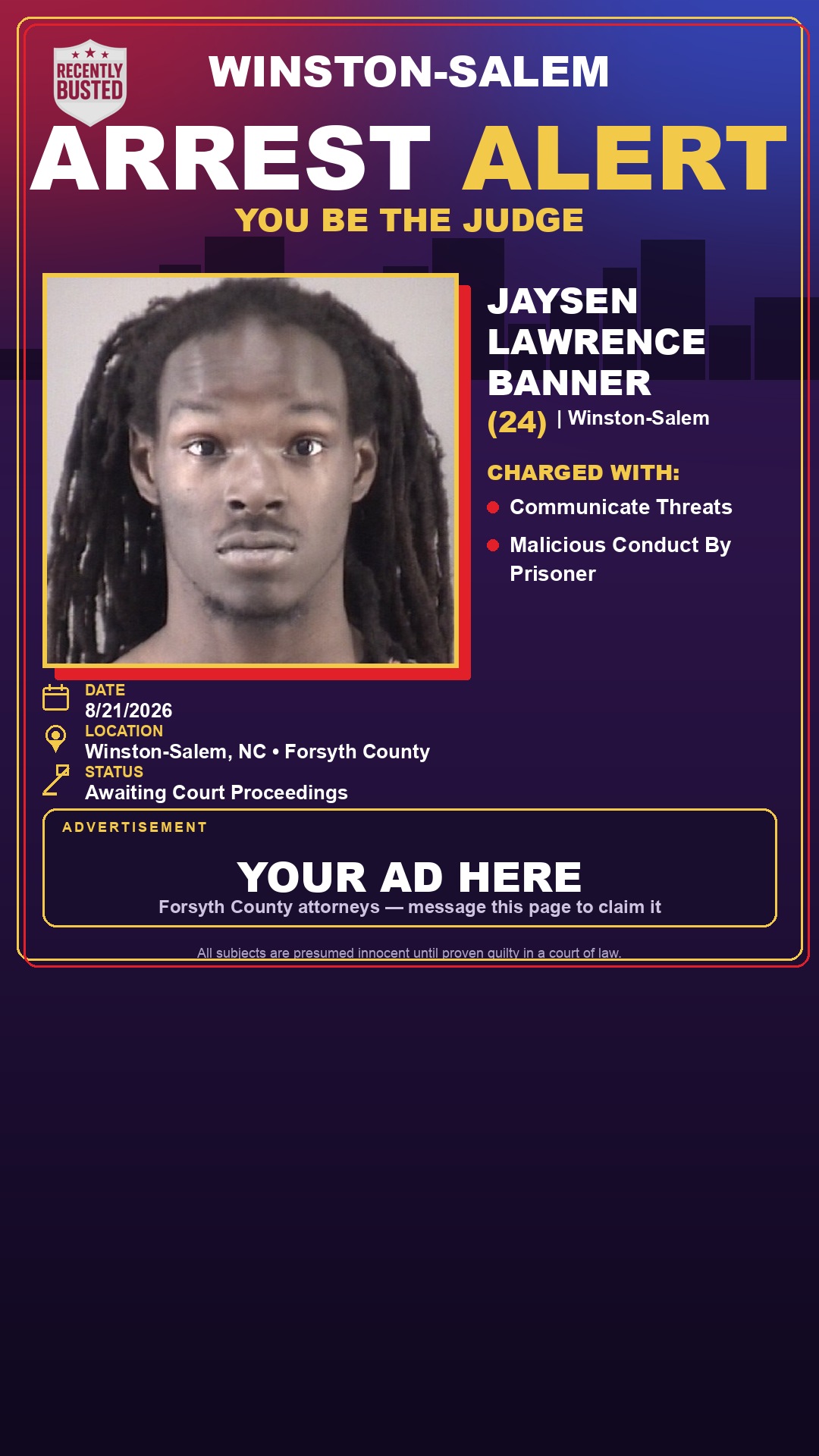 Arrest report - JAYSEN LAWRENCE BANNER