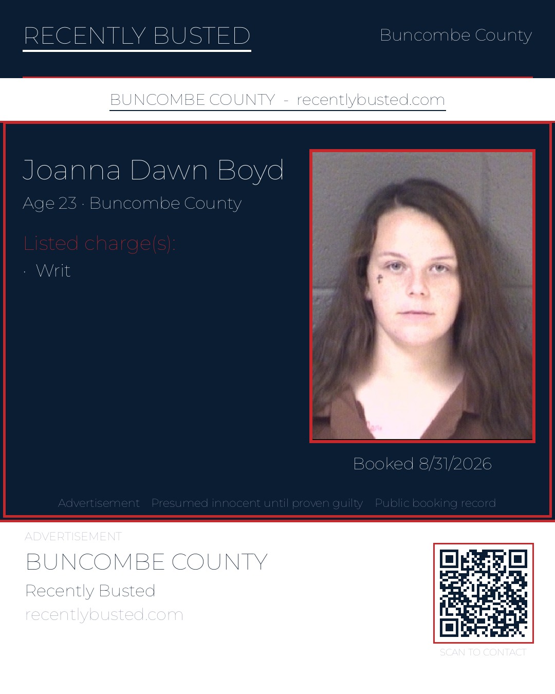 JOANNA DAWN BOYD — arrest record card, Buncombe County, North Carolina