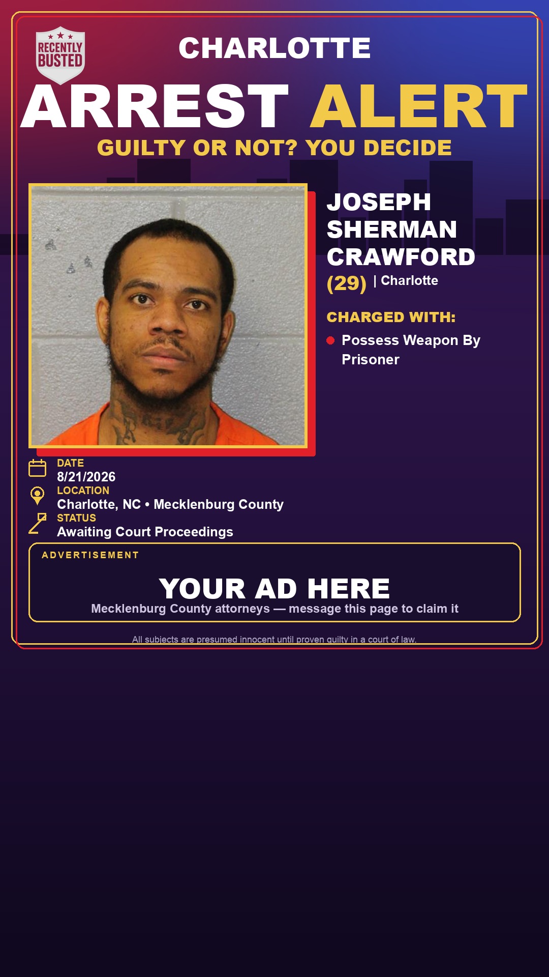 Arrest report - JOSEPH SHERMAN CRAWFORD