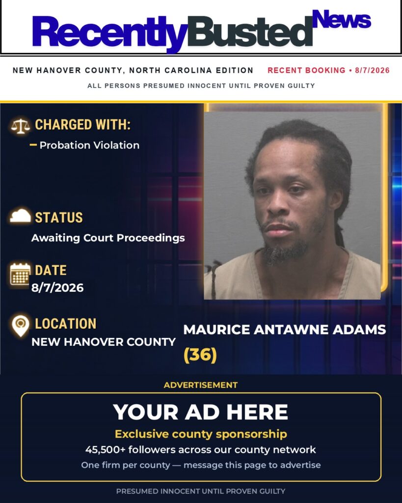 MAURICE ANTAWNE ADAMS — arrest record card, New Hanover County