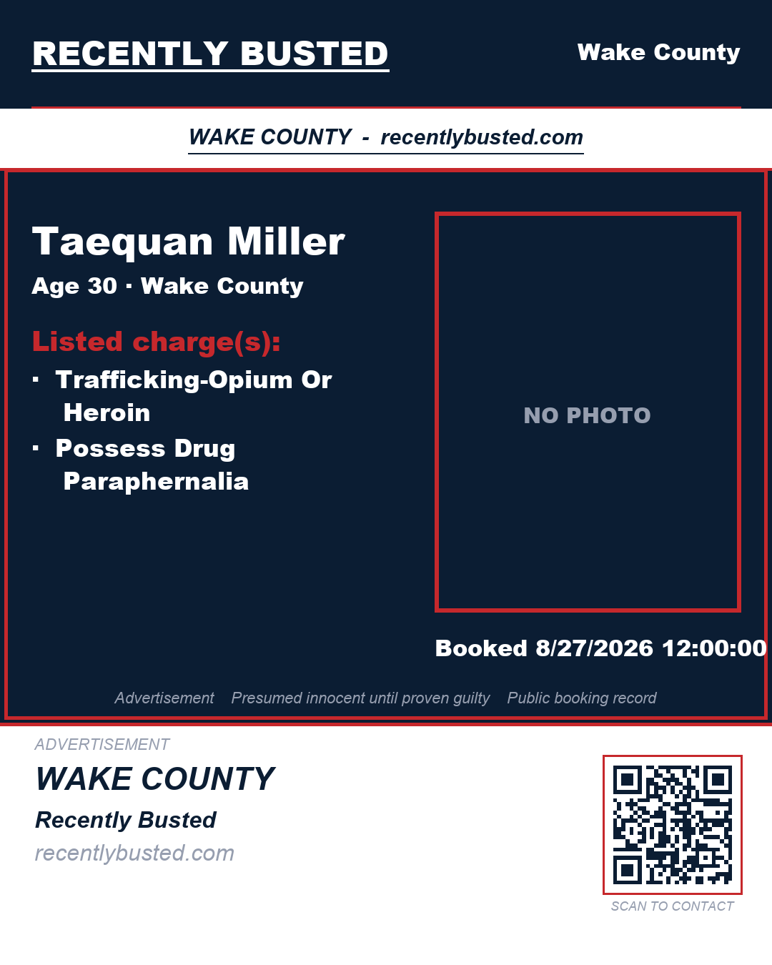TAEQUAN MILLER — arrest record card, Wake County, North Carolina