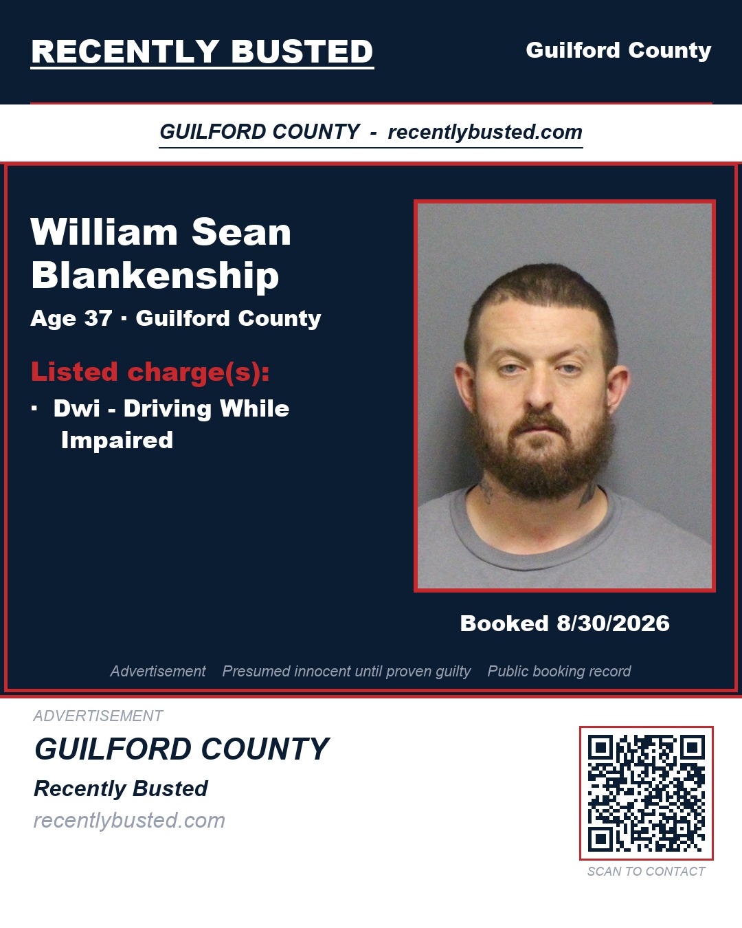 WILLIAM SEAN BLANKENSHIP — arrest record card, Guilford County, North Carolina