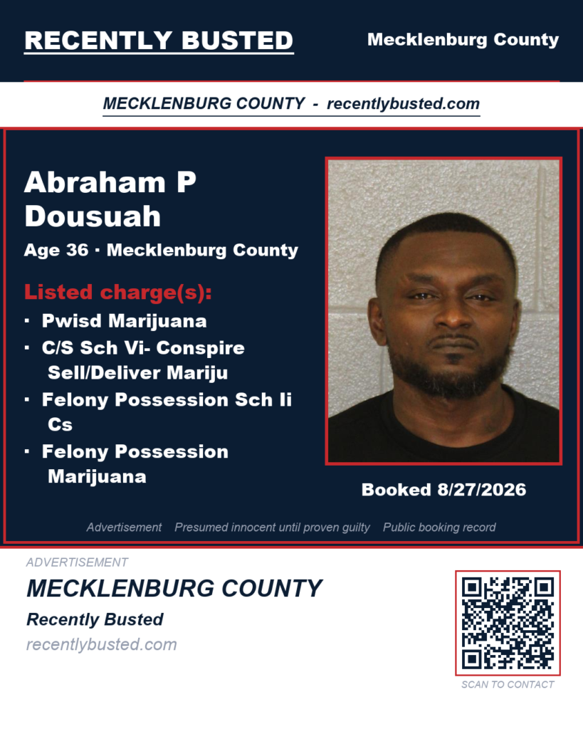ABRAHAM P DOUSUAH — arrest record card, Mecklenburg County, North Carolina