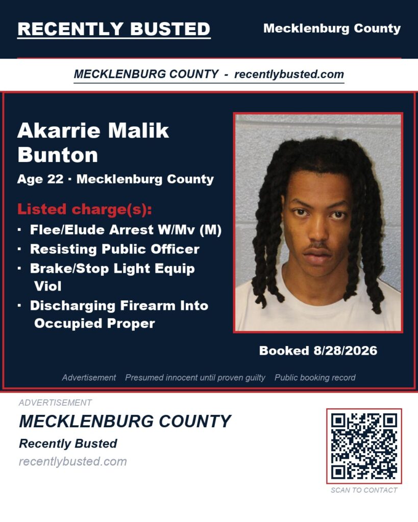 AKARRIE MALIK BUNTON — arrest record card, Mecklenburg County, North Carolina