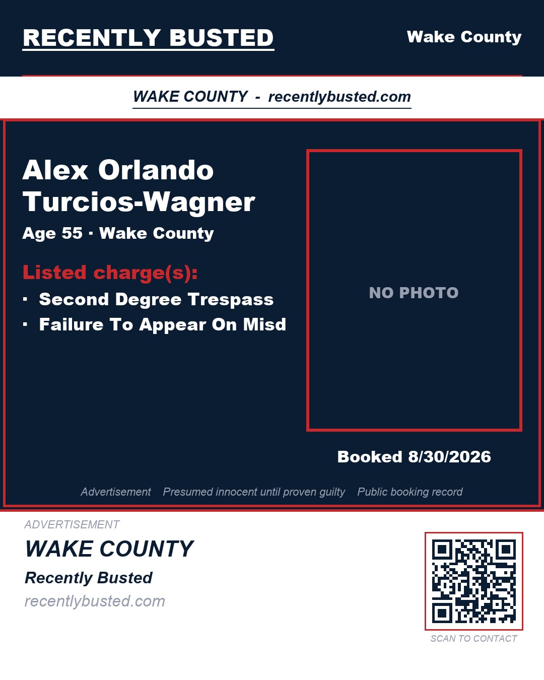 ALEX ORLANDO TURCIOS-WAGNER — arrest record card, Wake County, North Carolina