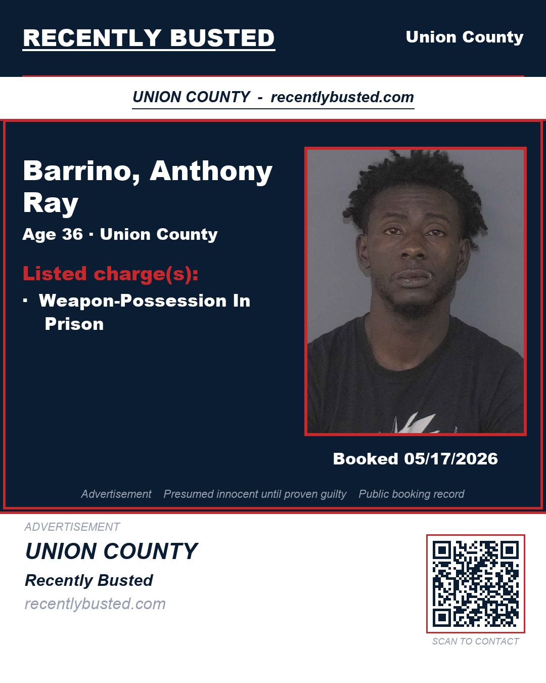 BARRINO, ANTHONY RAY — arrest record card, Union County, North Carolina