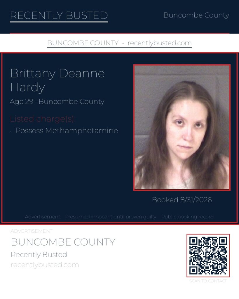 BRITTANY DEANNE HARDY — arrest record card, Buncombe County, North Carolina