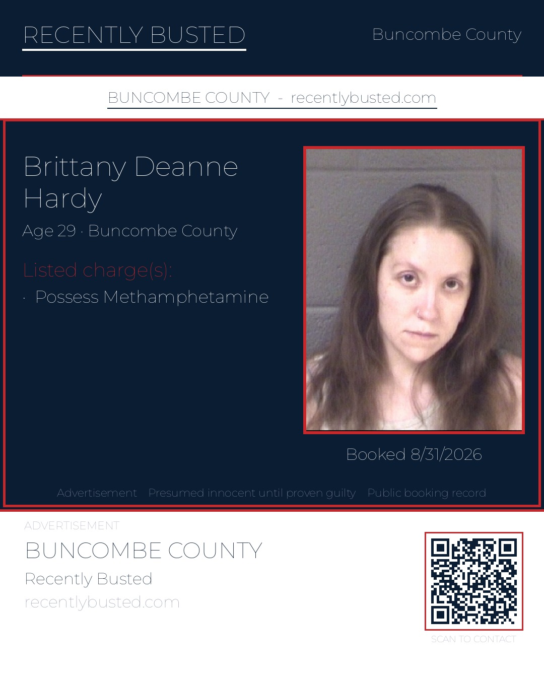 BRITTANY DEANNE HARDY — arrest record card, Buncombe County, North Carolina