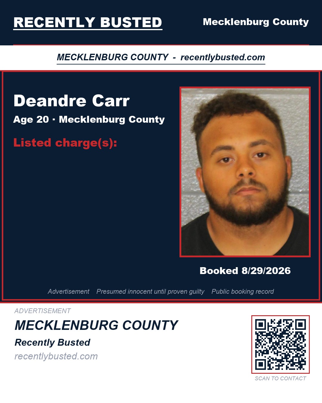 DEANDRE CARR — arrest record card, Mecklenburg County, North Carolina