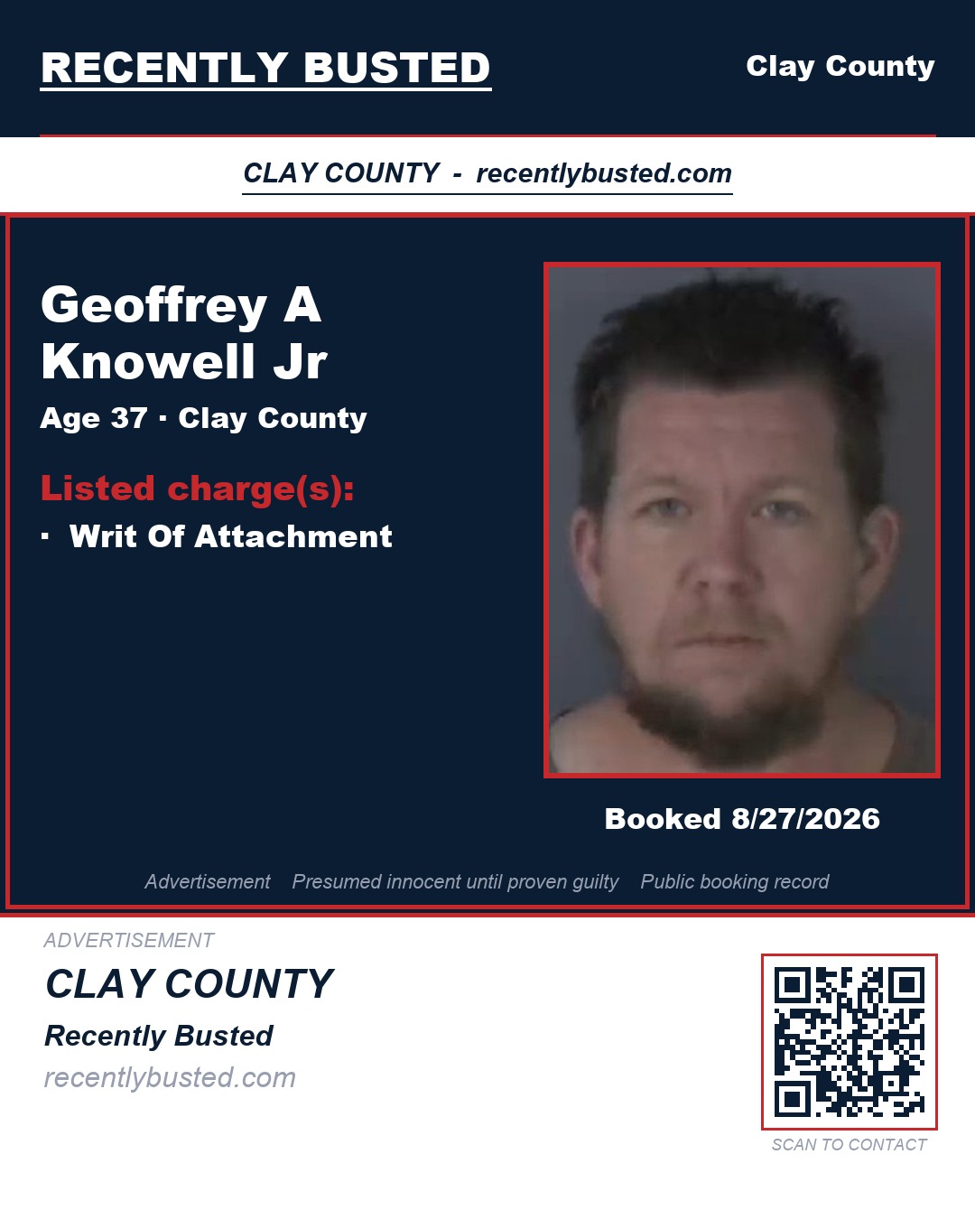GEOFFREY A KNOWELL JR — arrest record card, Clay County, Florida