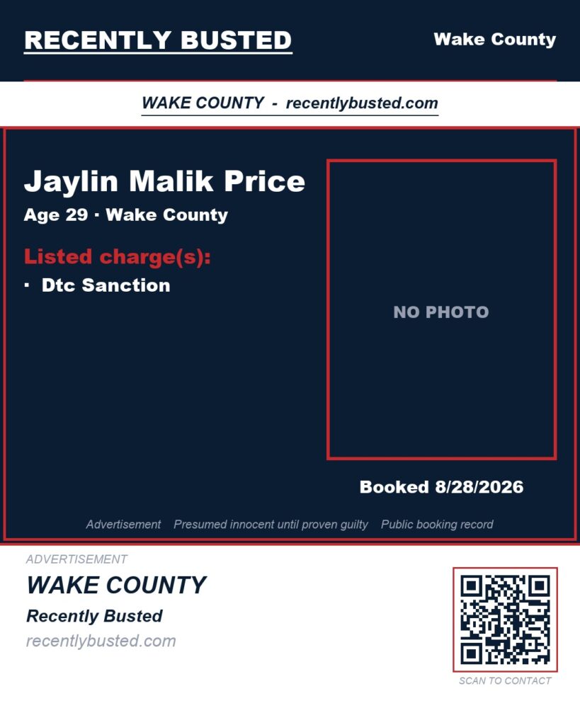 JAYLIN MALIK PRICE — arrest record card, Wake County, North Carolina