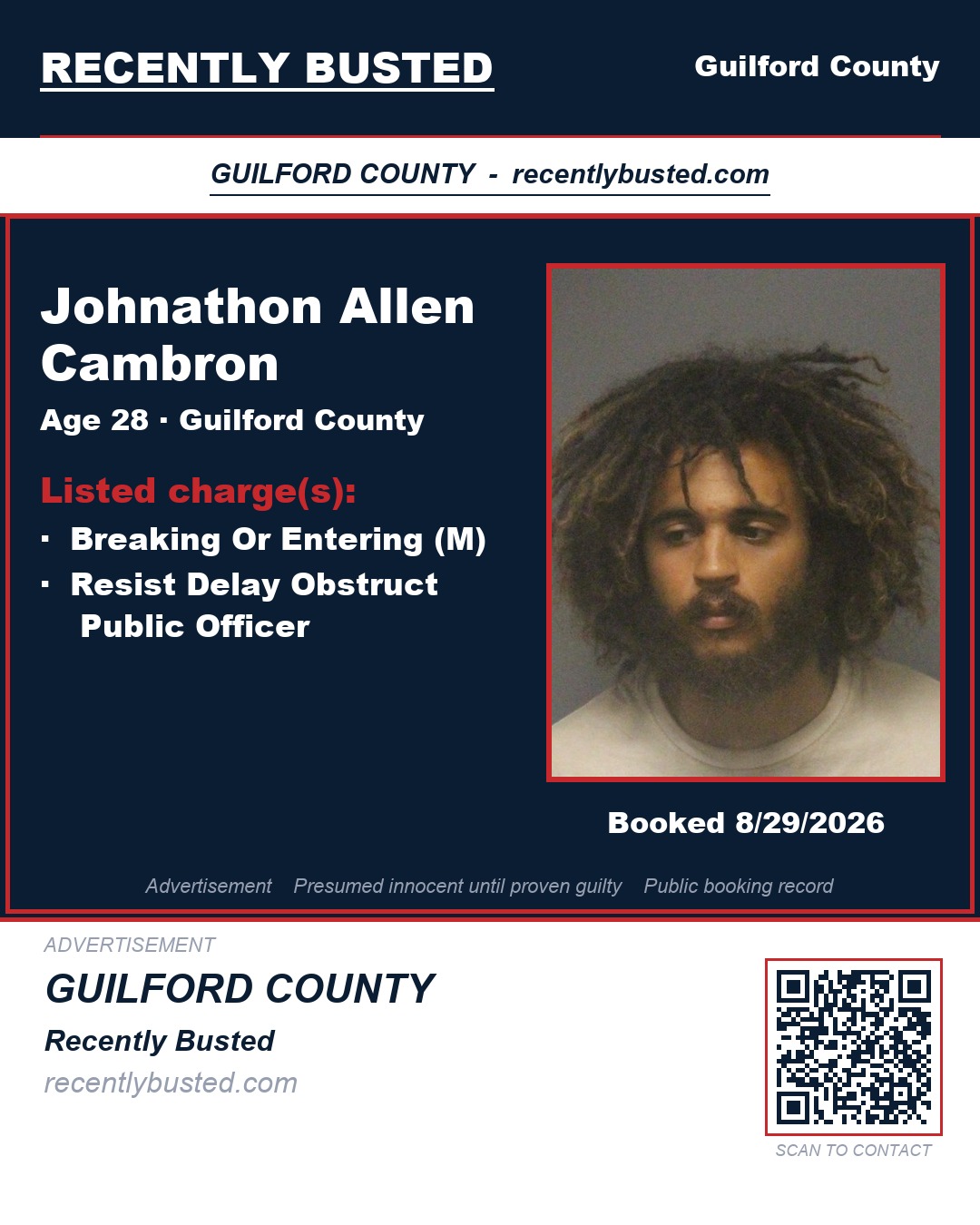 JOHNATHON ALLEN CAMBRON — arrest record card, Guilford County, North Carolina