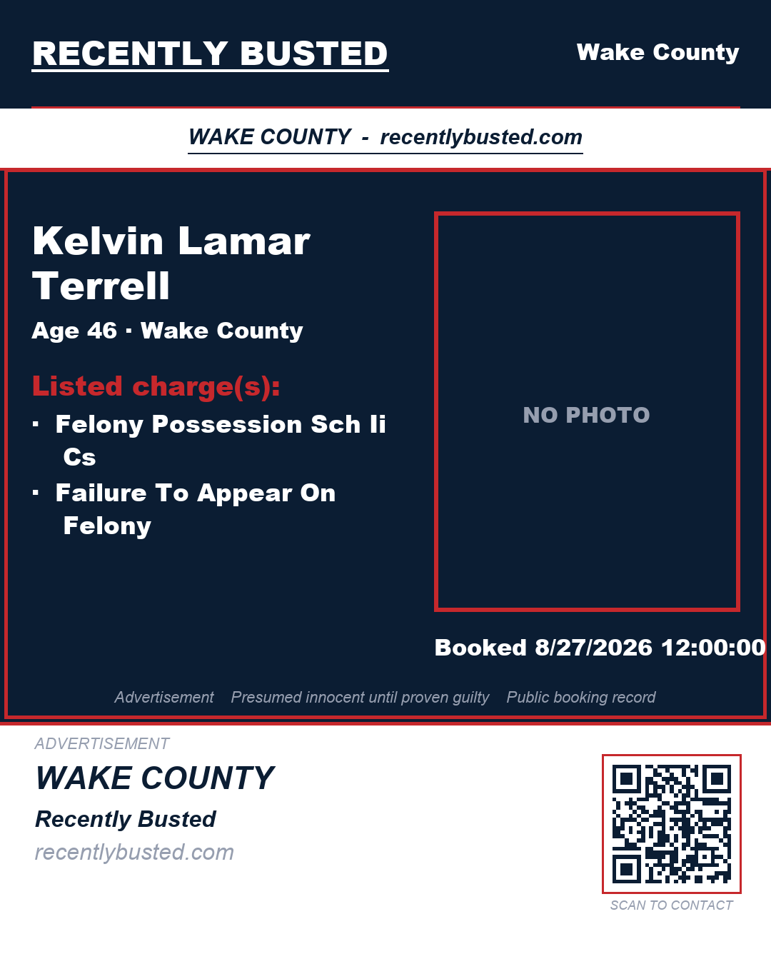 KELVIN LAMAR TERRELL — arrest record card, Wake County, North Carolina