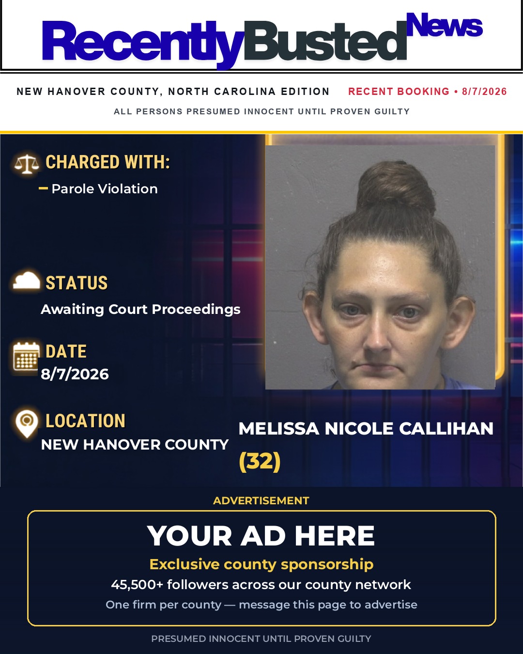 MELISSA NICOLE CALLIHAN — arrest record card, New Hanover County
