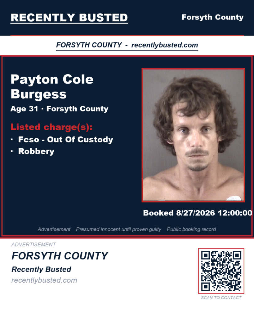 PAYTON COLE BURGESS — arrest record card, Forsyth County, North Carolina