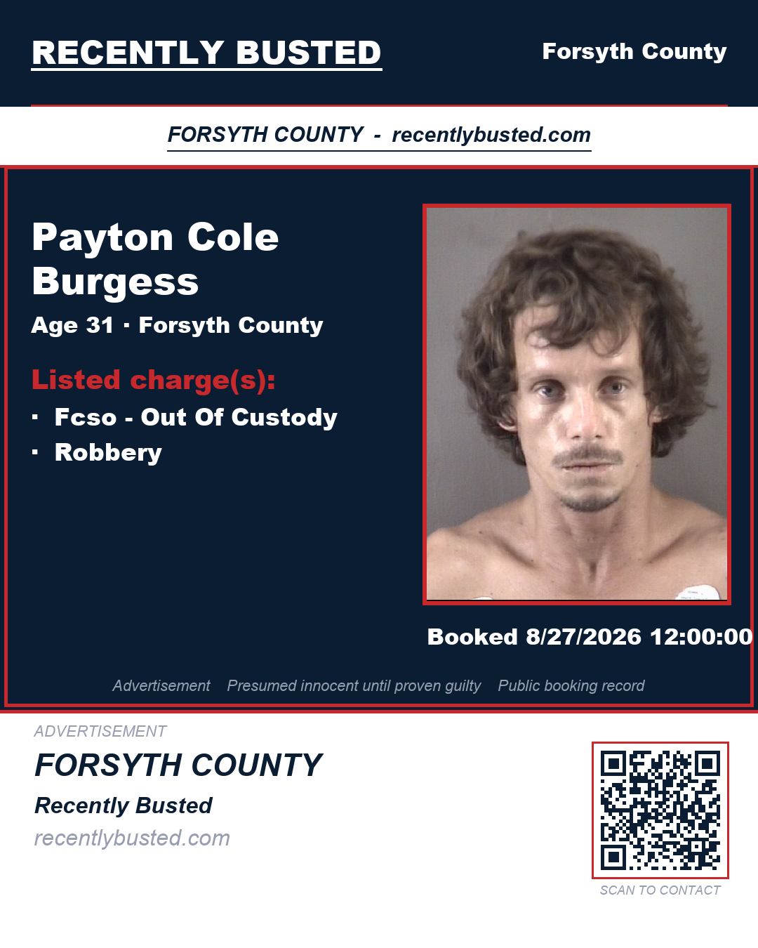 PAYTON COLE BURGESS — arrest record card, Forsyth County, North Carolina