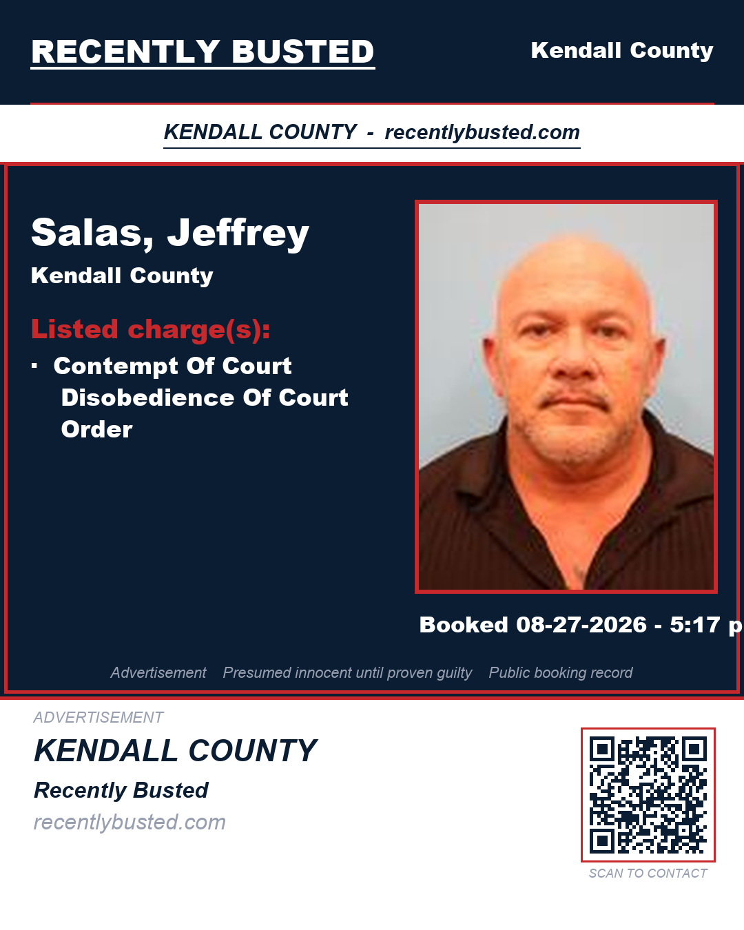 Salas, Jeffrey — arrest record card, Kendall County, Texas